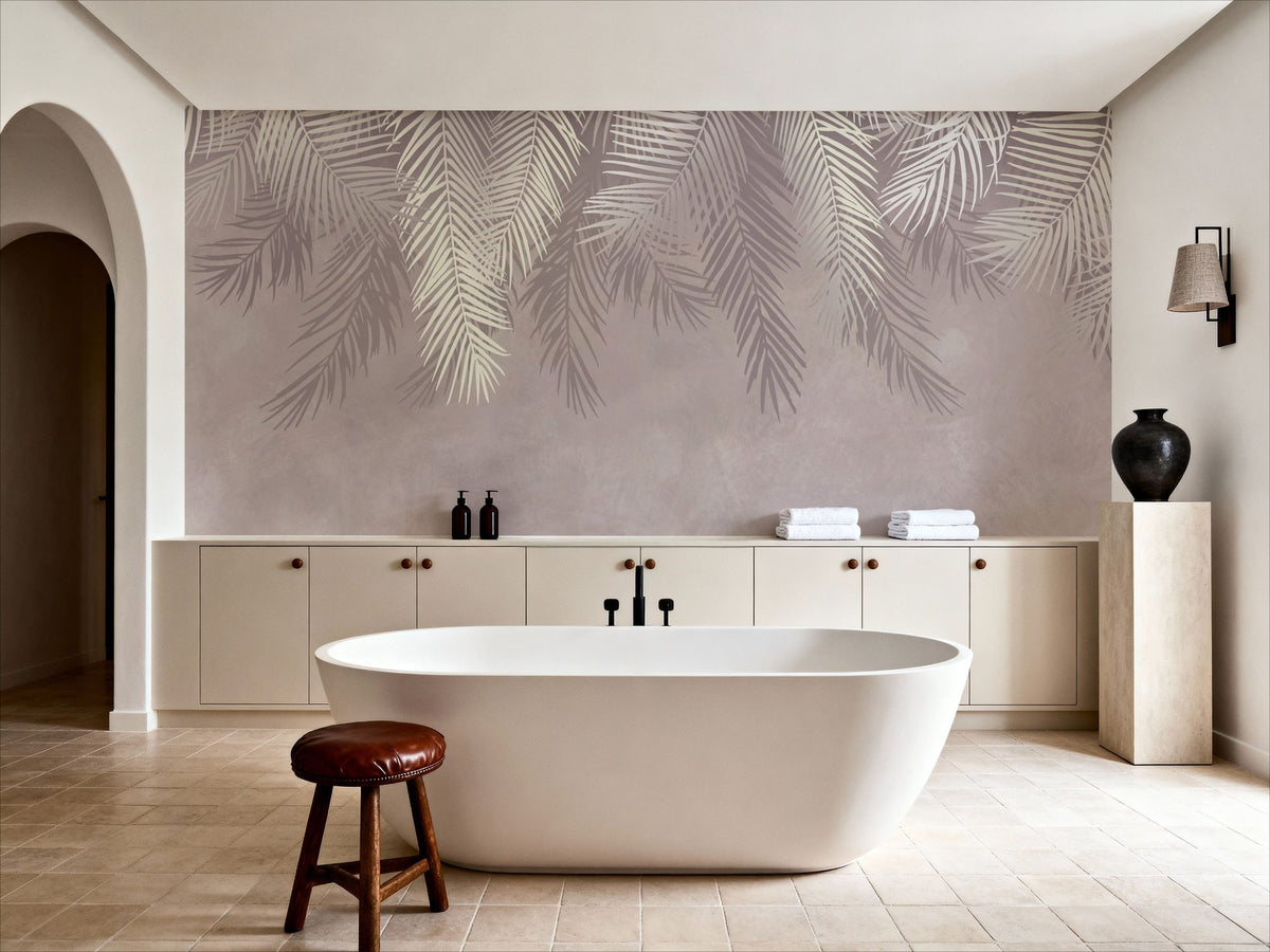 Palms Above, Dusty Pink Mural Wallpaper - room preview 02