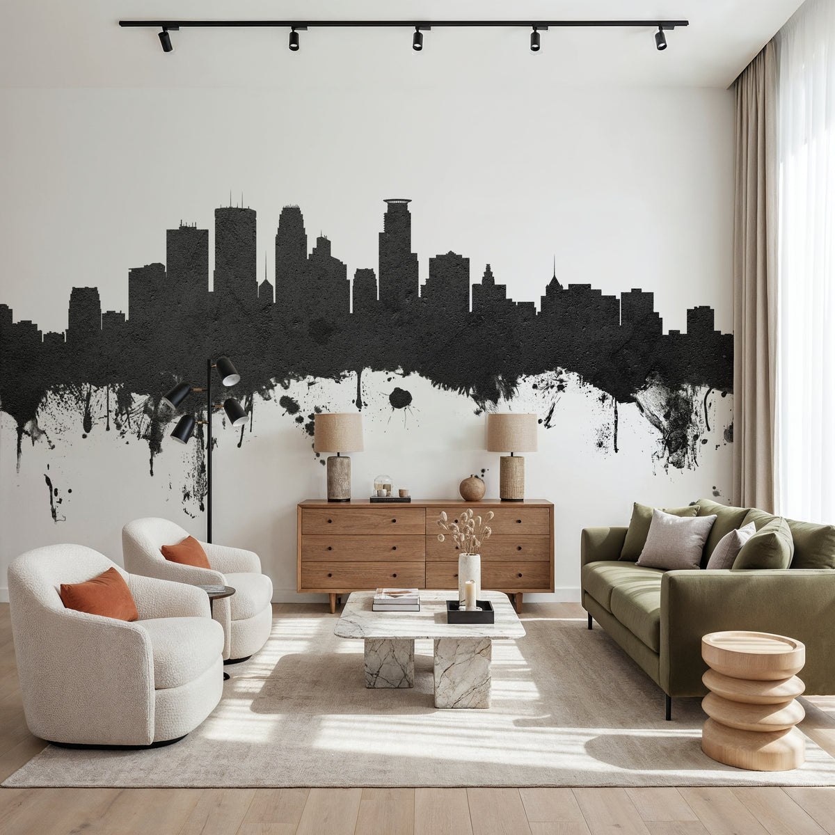 Minneapolis Minnesota Skyline Black & White Mural Wallpaper - room preview 02