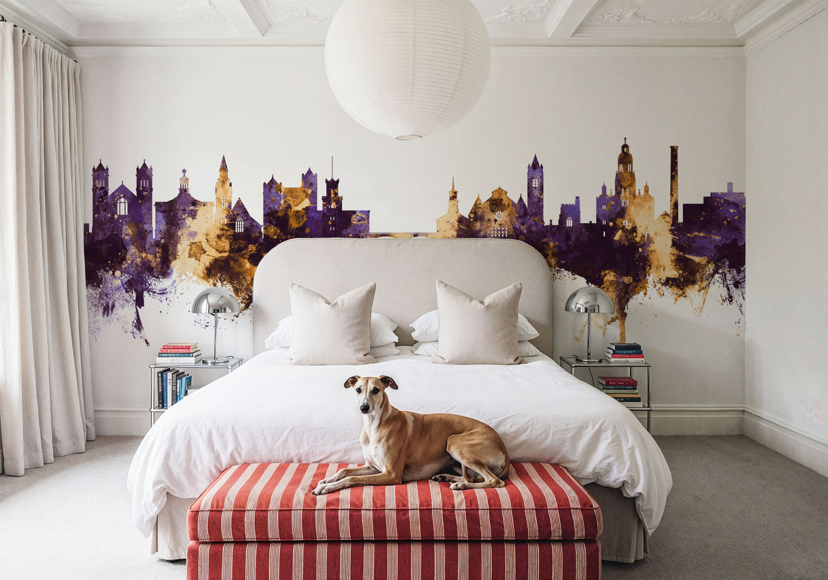 Nashua New Hampshire Skyline Purple & Gold Mural Wallpaper - room preview 02