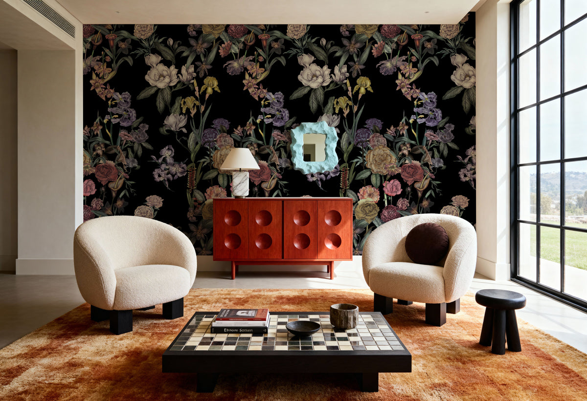 Floral Gaze, Black Mural Wallpaper - room preview 02