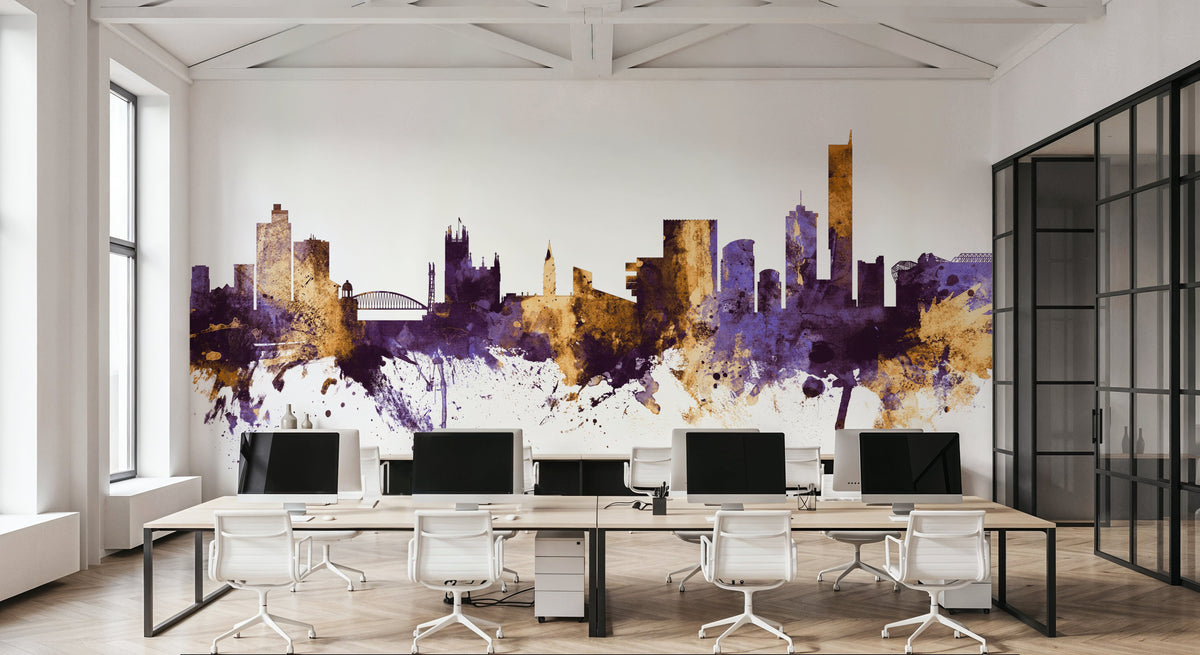 Manchester England Skyline Purple & Gold Mural Wallpaper - room preview 02