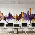 Manchester England Skyline Purple & Gold Mural Wallpaper - room preview 02