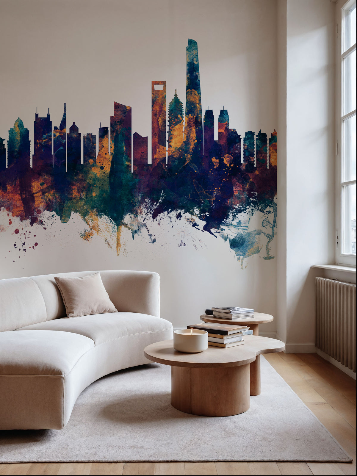 Shanghai China Skyline Blue & Bronze Mural Wallpaper - room preview 02