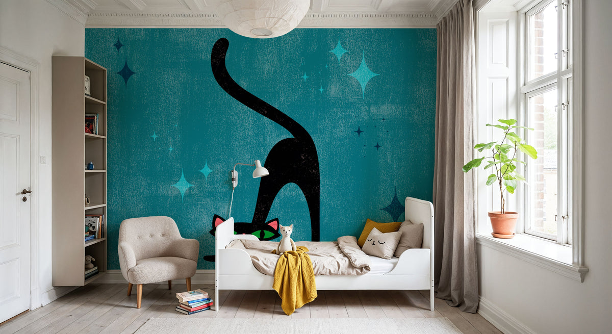 Retro Cat, Blue Mural Wallpaper - room preview 02