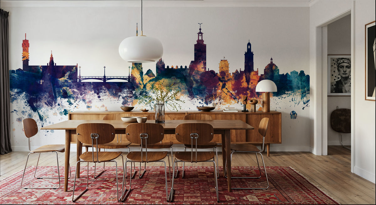 Stockholm Skyline Blue & Bronze Mural Wallpaper - room preview 02