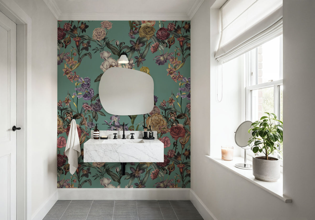 Floral Gaze, Turquoise Mural Wallpaper - room preview 02