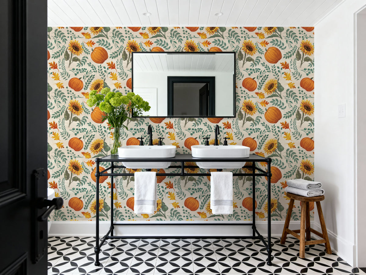 Pumpkin Harvest White Mural Wallpaper - room preview 02