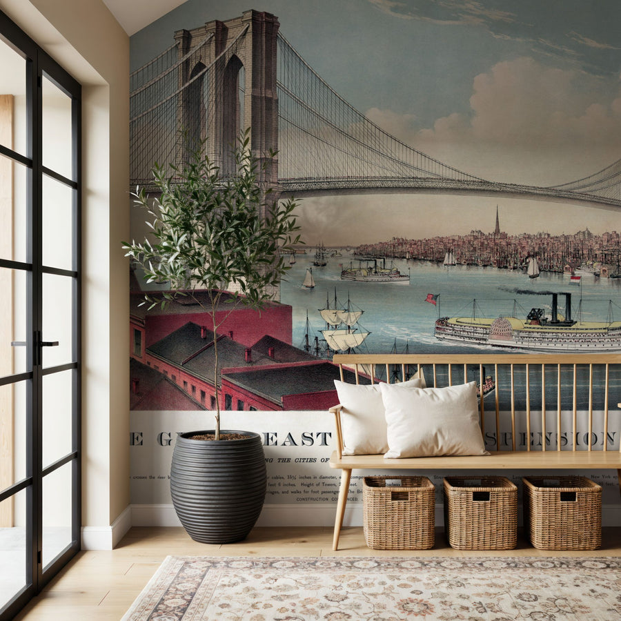 Vintage Wallpaper Mural – Retro Wall Mural – Brrooklyn Bridge 1883
