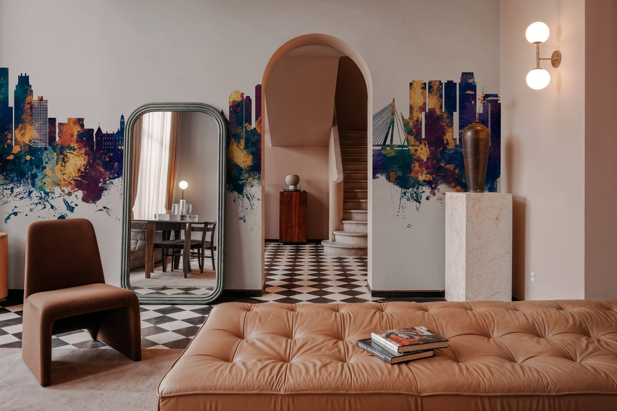 Rotterdam the Netherands Skyline Blue & Bronze Mural Wallpaper - room preview 02