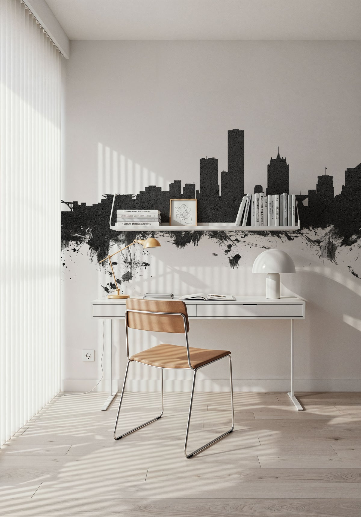 Milwaukee Wisconsin Skyline Black & White Mural Wallpaper - room preview 02
