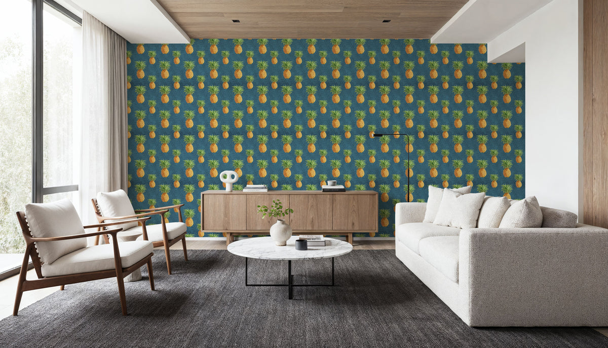 Pineapple Paradise Blue Mural Wallpaper - room preview 02