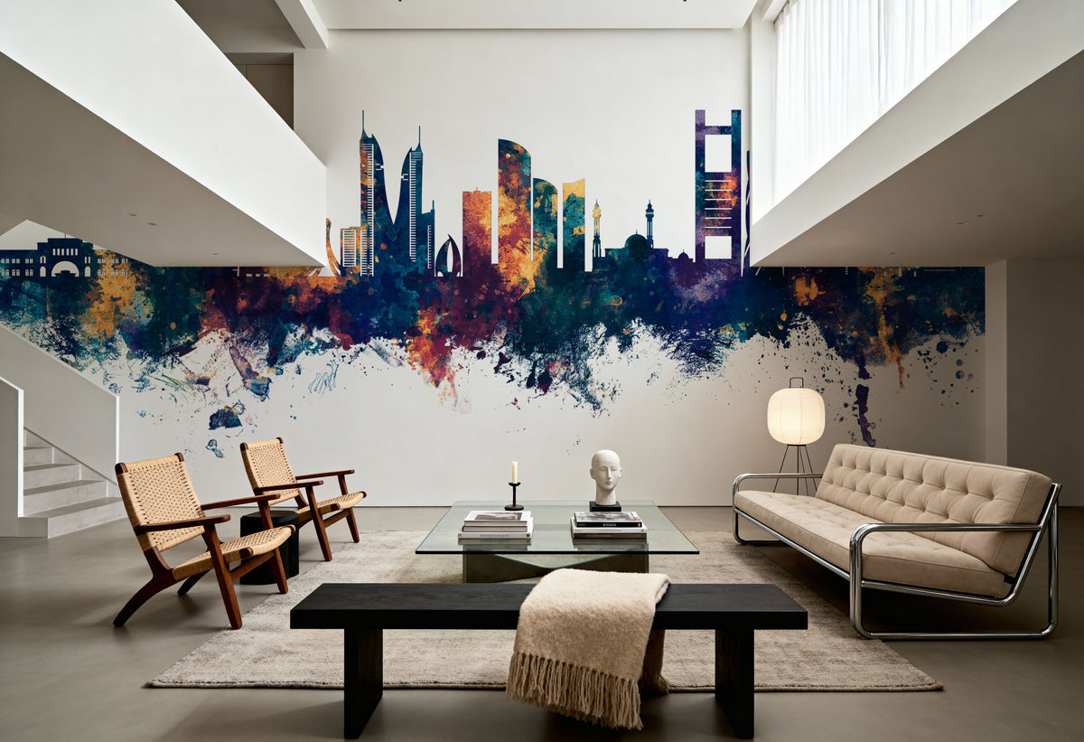 Manama Skyline Blue & Bronze Mural Wallpaper - room preview 02