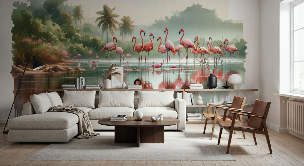 Morning Reflections of Flamingos Mural Wallpaper - room preview 02