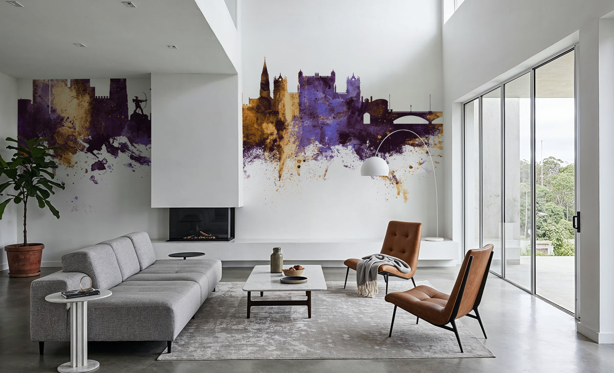 Nottingham England Skyline Purple & Gold Mural Wallpaper - room preview 02
