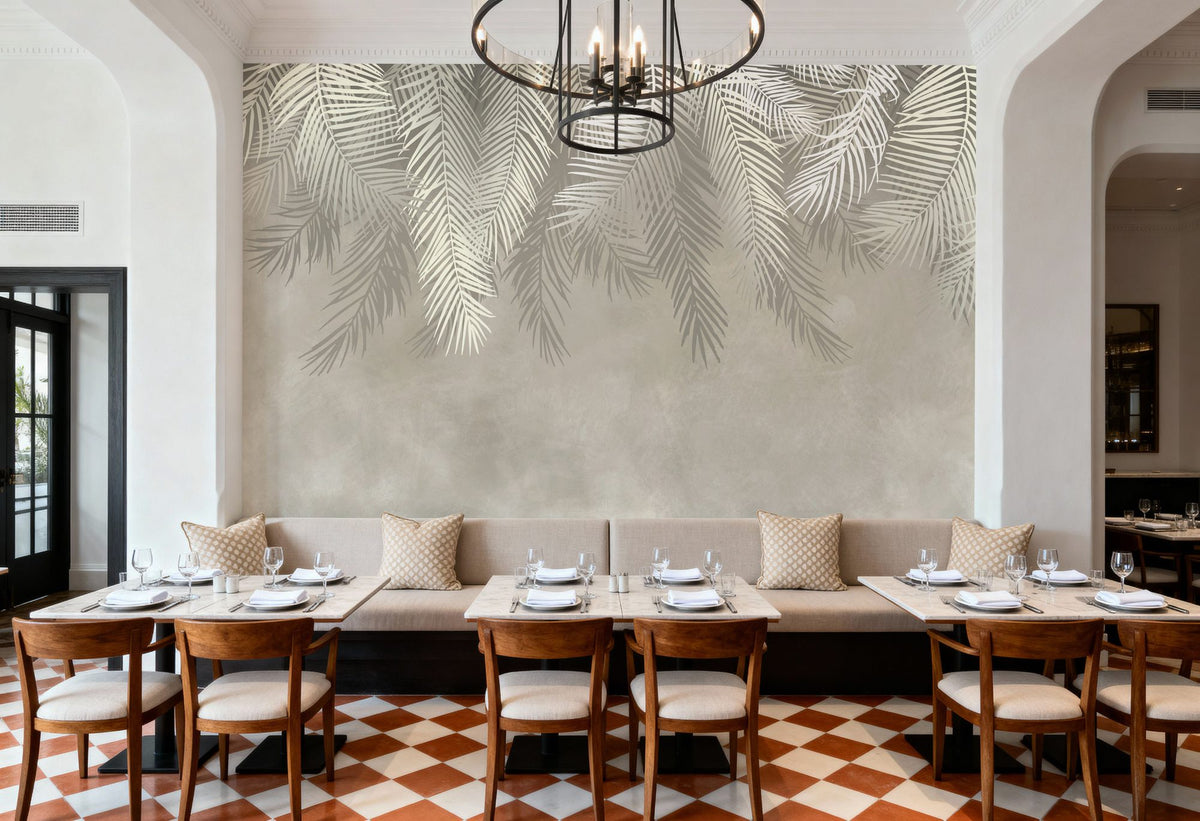 Palms Above, Sage Green Mural Wallpaper - room preview 02