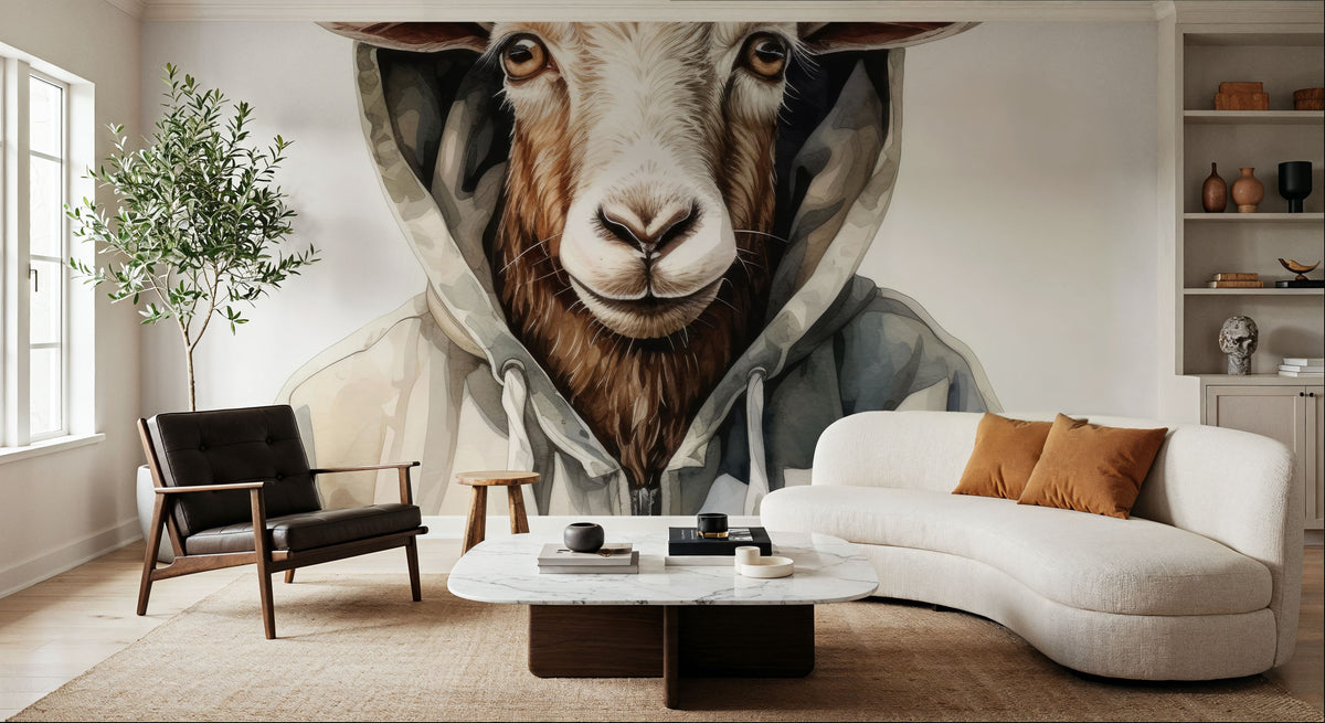 Watercolor Cartoon Goat in a Hoodie Mural Wallpaper - room preview 02