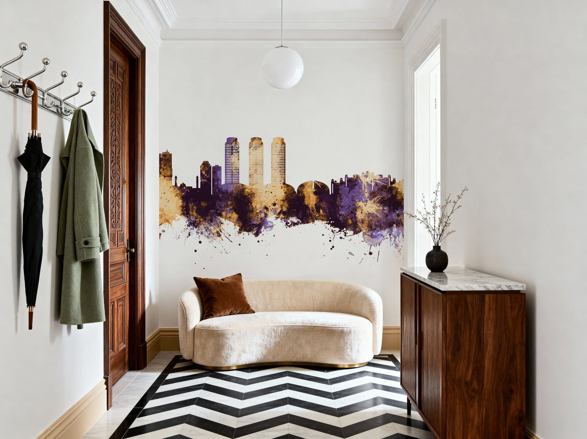 Islamabad Pakistan Skyline Purple & Gold Mural Wallpaper - room preview 02