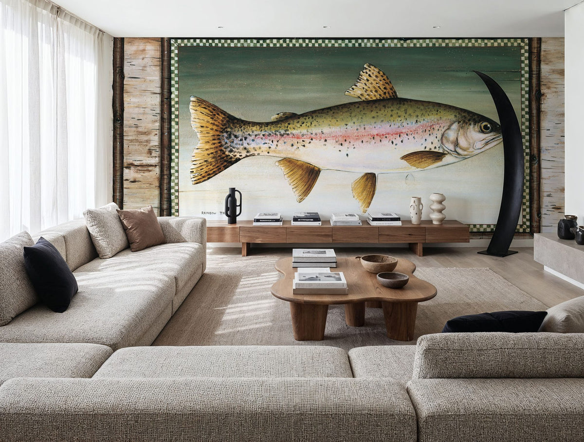 Rainbow Trout Birch Border Mural Wallpaper - room preview 02