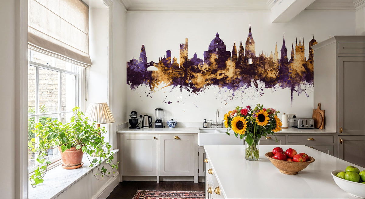 Oxford England Skyline Purple & Gold Mural Wallpaper - room preview 02