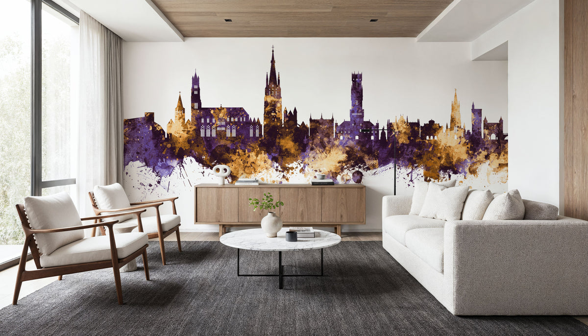 Bruges Belgium Skyline Purple & Gold Mural Wallpaper - room preview 02