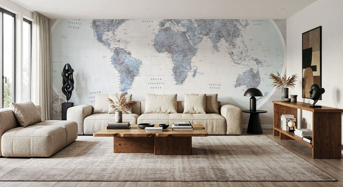 World Map Atlas Blue Mural Wallpaper - room preview 02