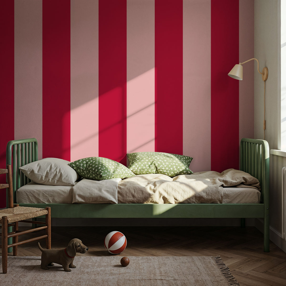 Scalloped Circus Stripes, Red on Pink Mural Wallpaper - room preview 02