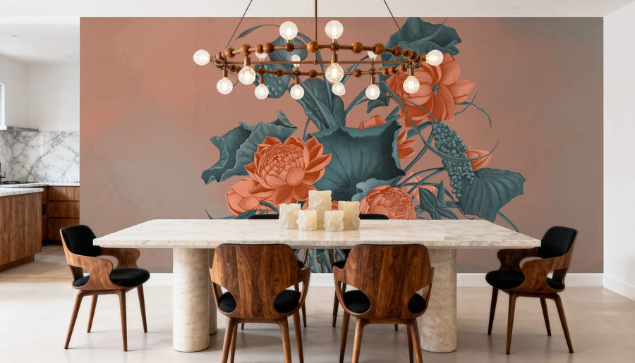 Floral Wallpaper Mural – Flower Wallpaper – Humble Blooms - Peach and Teal