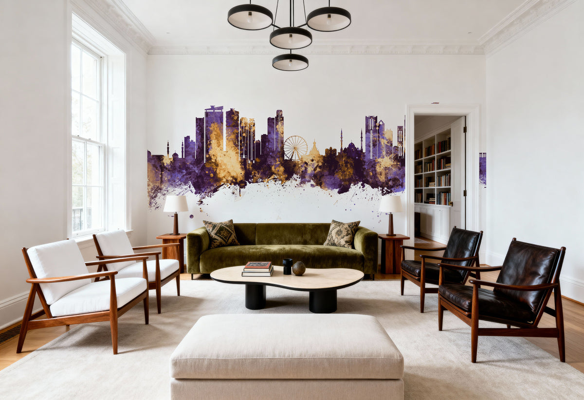 Sharjah Skyline Purple & Gold Mural Wallpaper - room preview 02