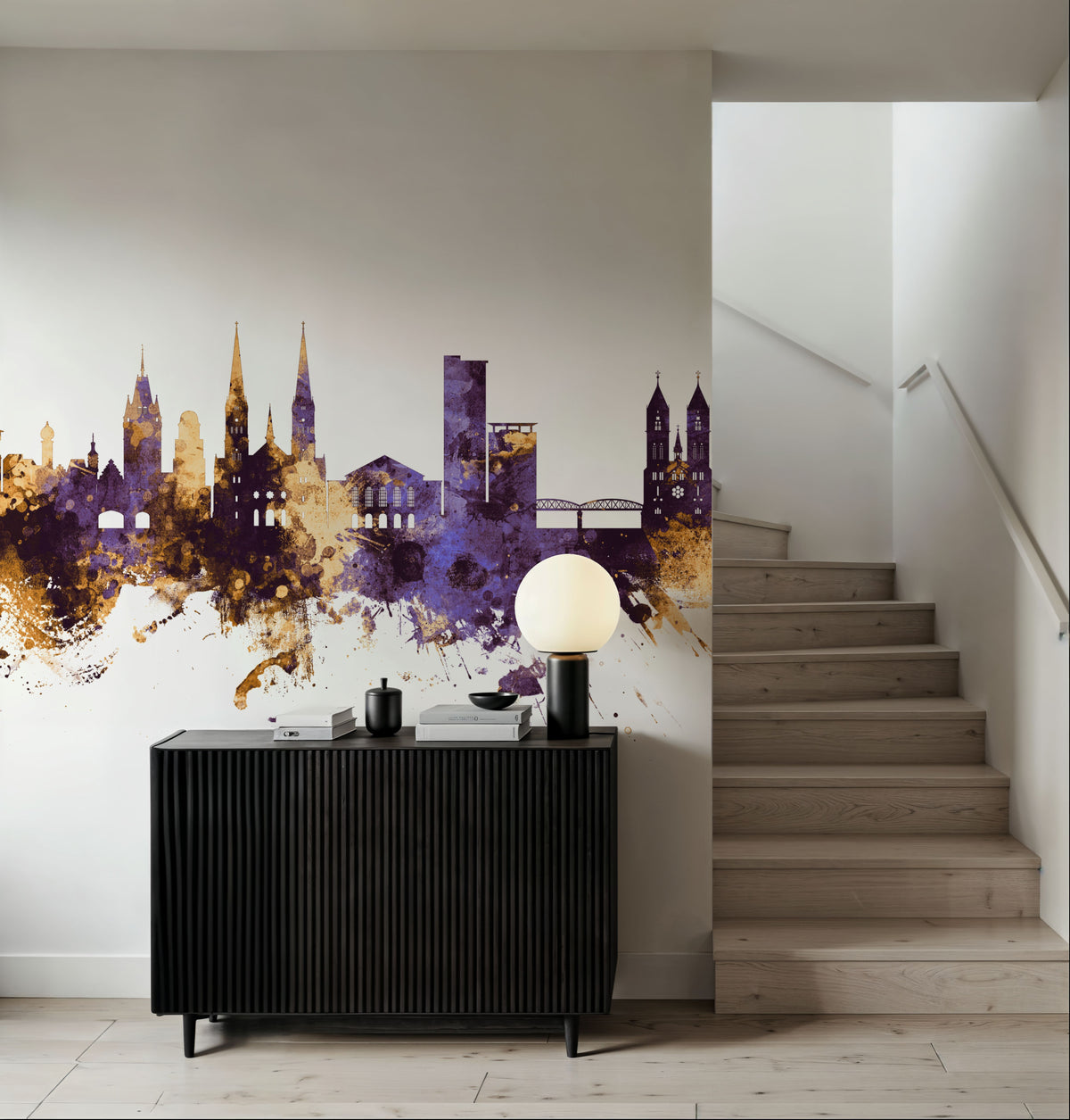 Freiburg Germnay Skyline Purple & Gold Mural Wallpaper - room preview 02