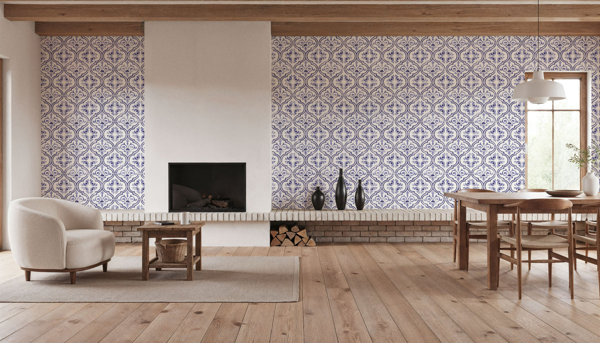 Botanical Blue Tiles Mural Wallpaper - room preview 02