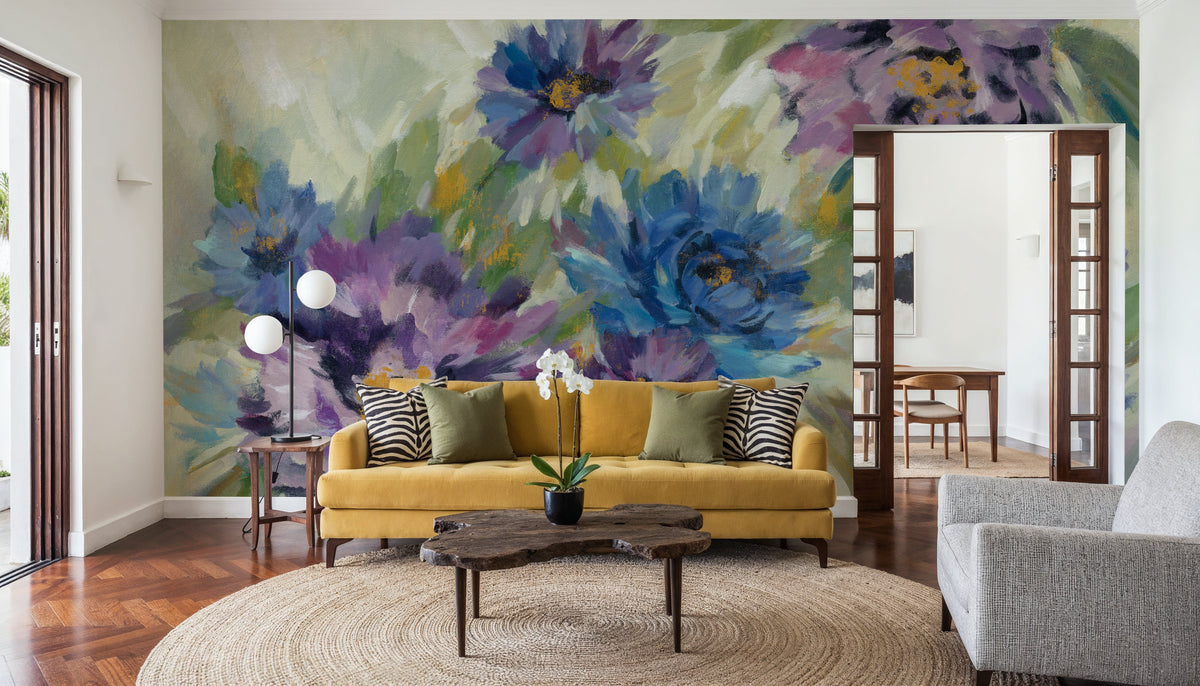 Bold Blue and Lavender Flowers Mural Wallpaper - room preview 02