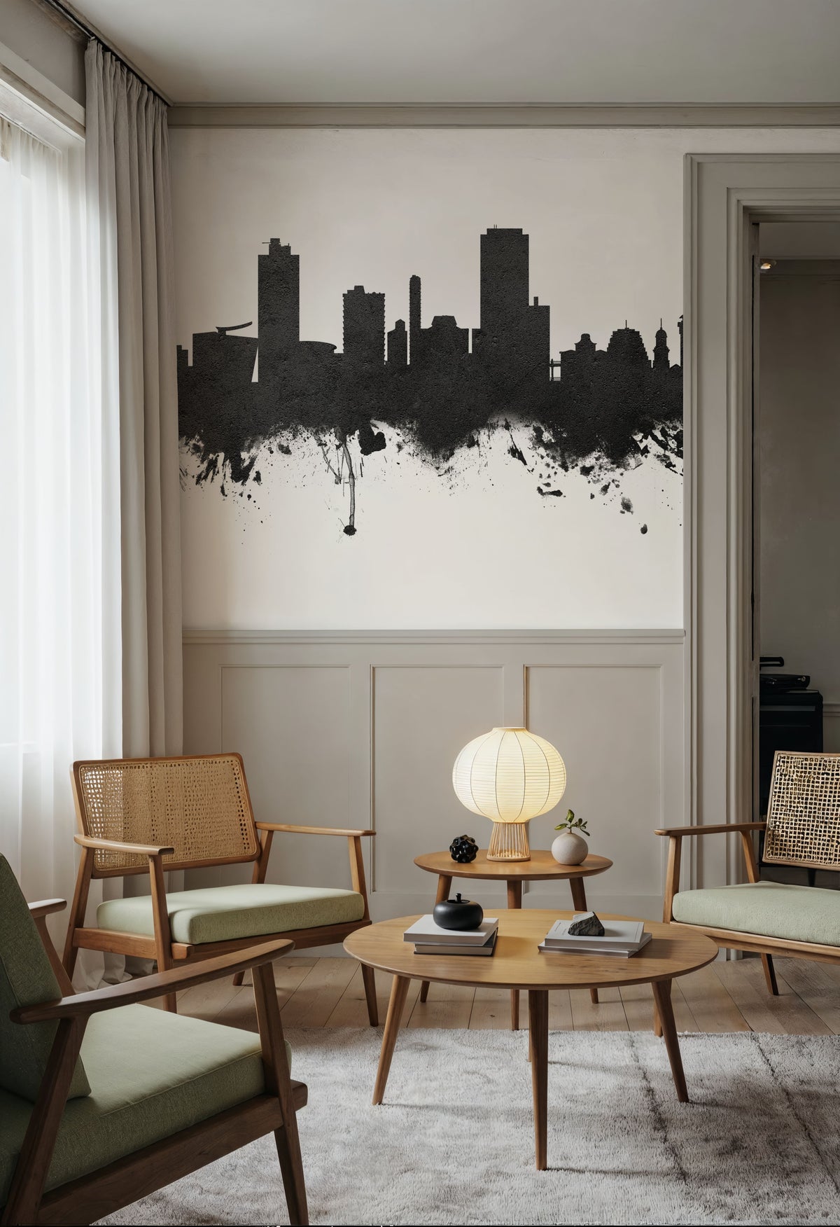 Wellington New Zealand Skyline Blck & White Mural Wallpaper - room preview 02