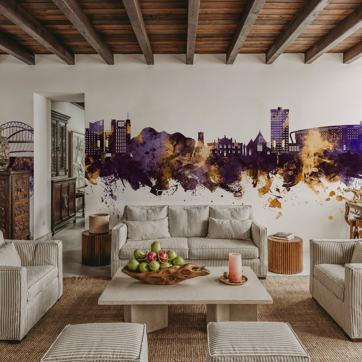 Gateshead England Skyline Purple & Gold Mural Wallpaper - room preview 02
