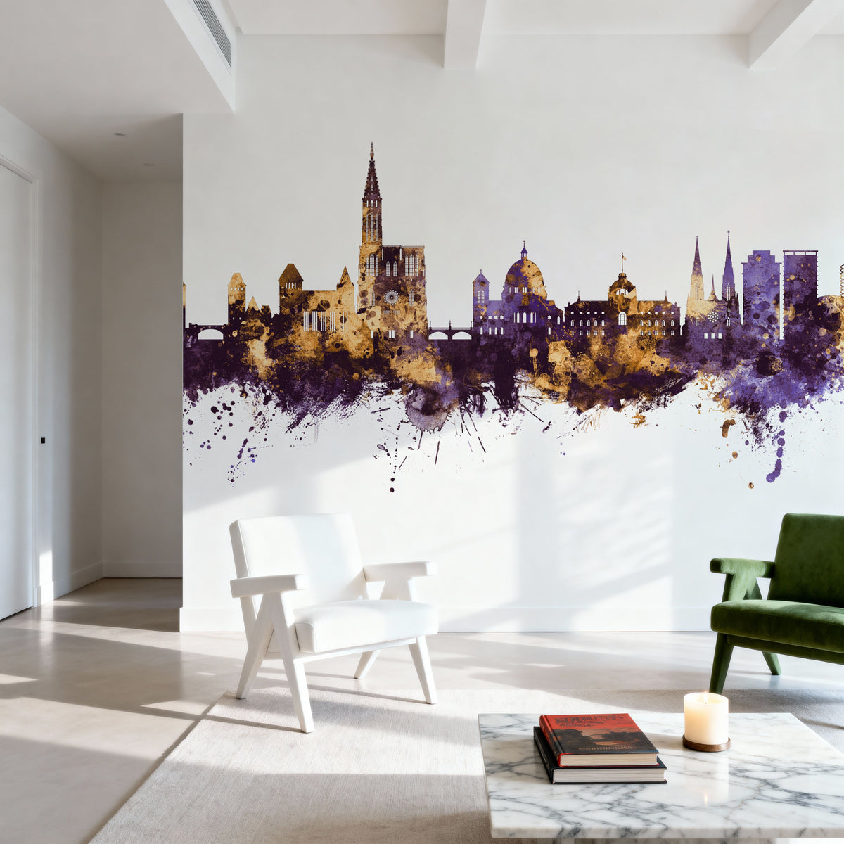 Strasbourg France Skyline Purple & Gold Mural Wallpaper - room preview 02