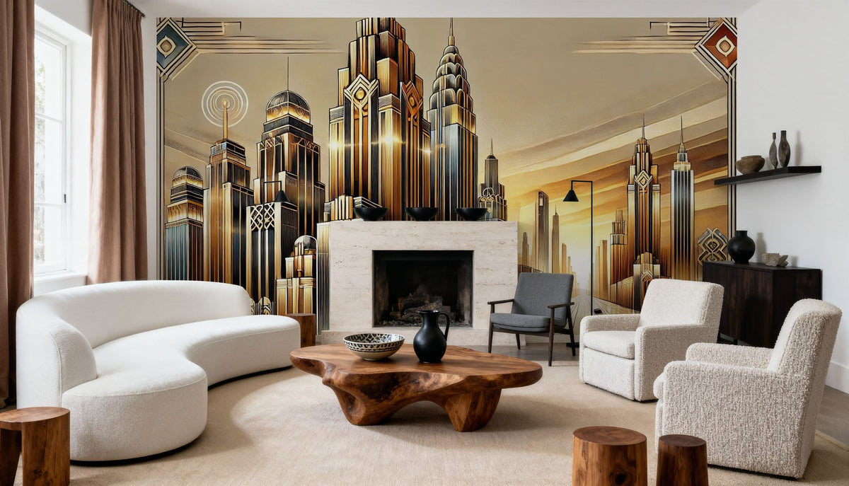 Golden City Skyline At Sunset in Art Deco Mural Wallpaper - room preview 02