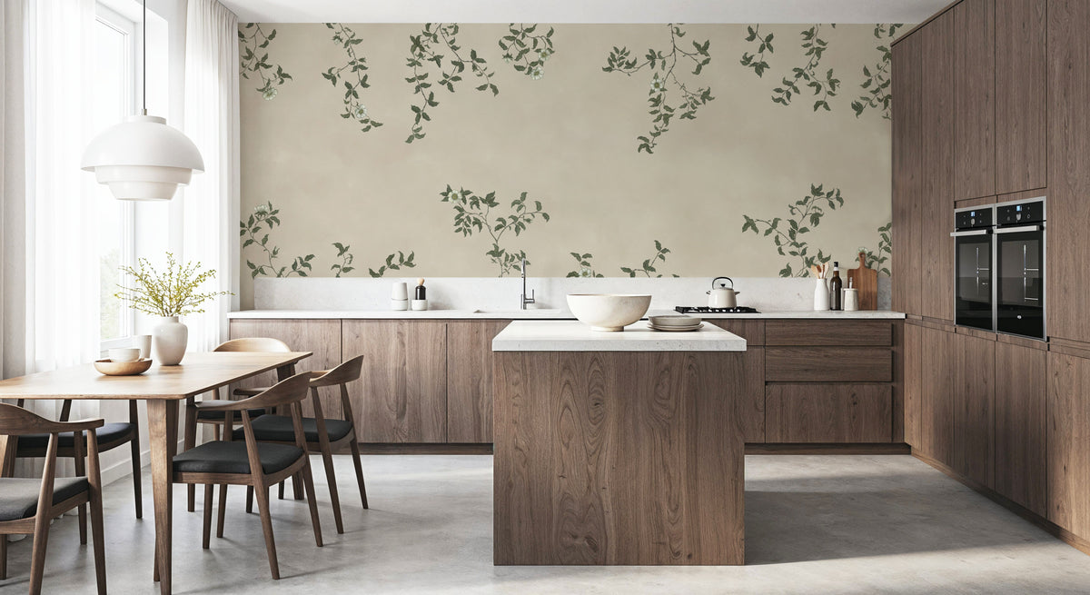 Rambling Rose, Ivory on Light Beige Mural Wallpaper - room preview 02