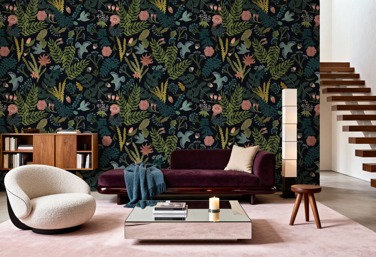Wonderland Birds, Dark Mural Wallpaper - room preview 02