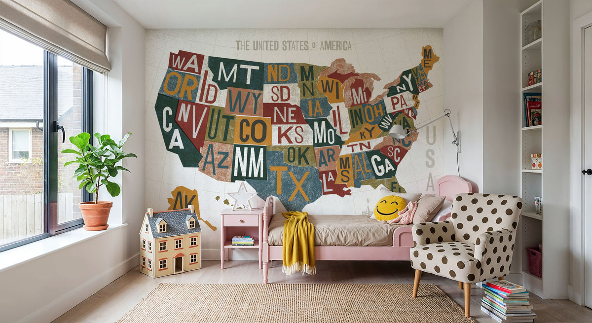 Letterpress USA Map Warm Mural Wallpaper - room preview 02
