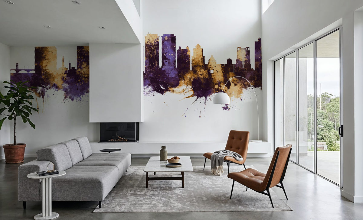 West Palm Beach Florida Skyline Purple & Gold Mural Wallpaper - room preview 02