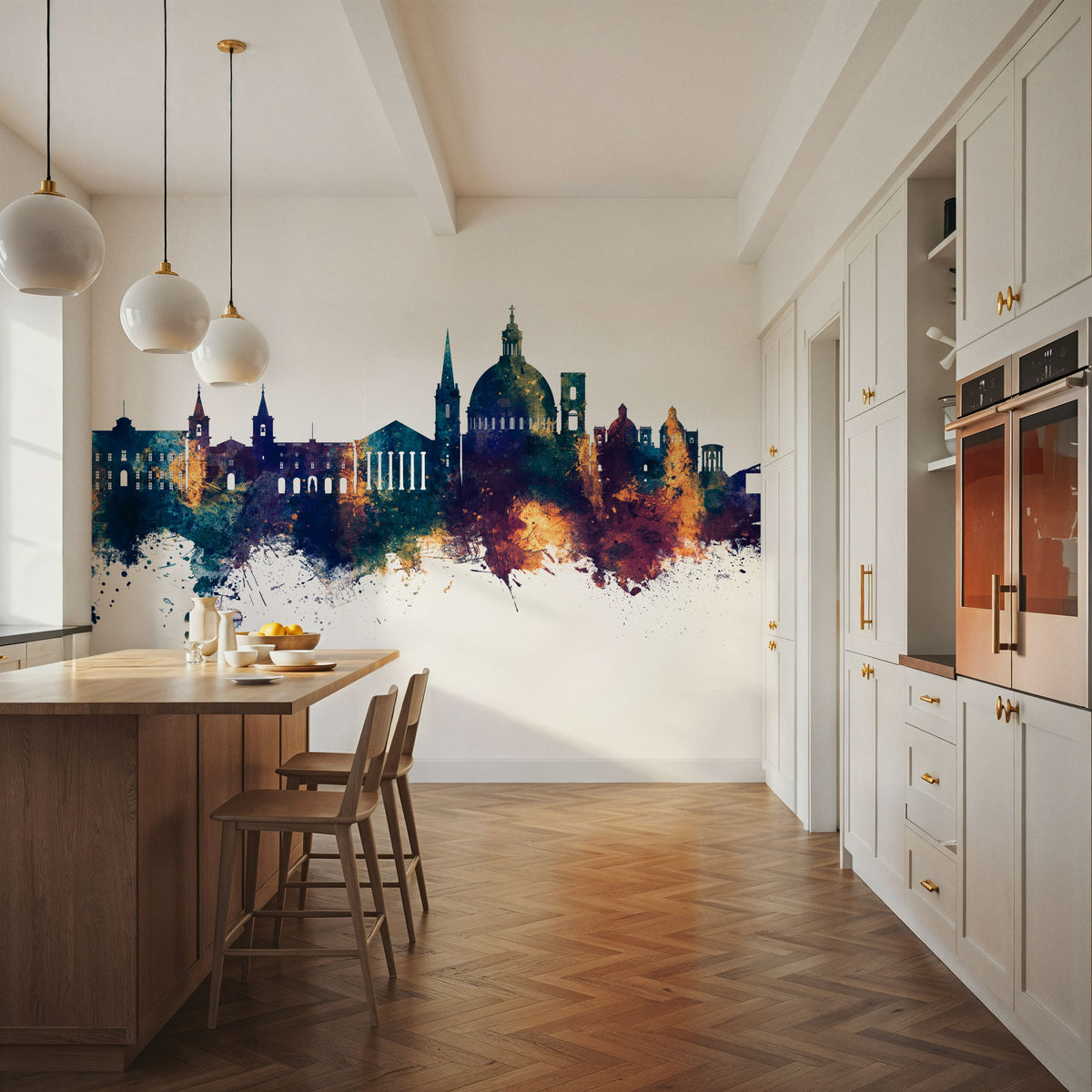 Valletta Malta Skyline Blue & Bronze Mural Wallpaper - room preview 02