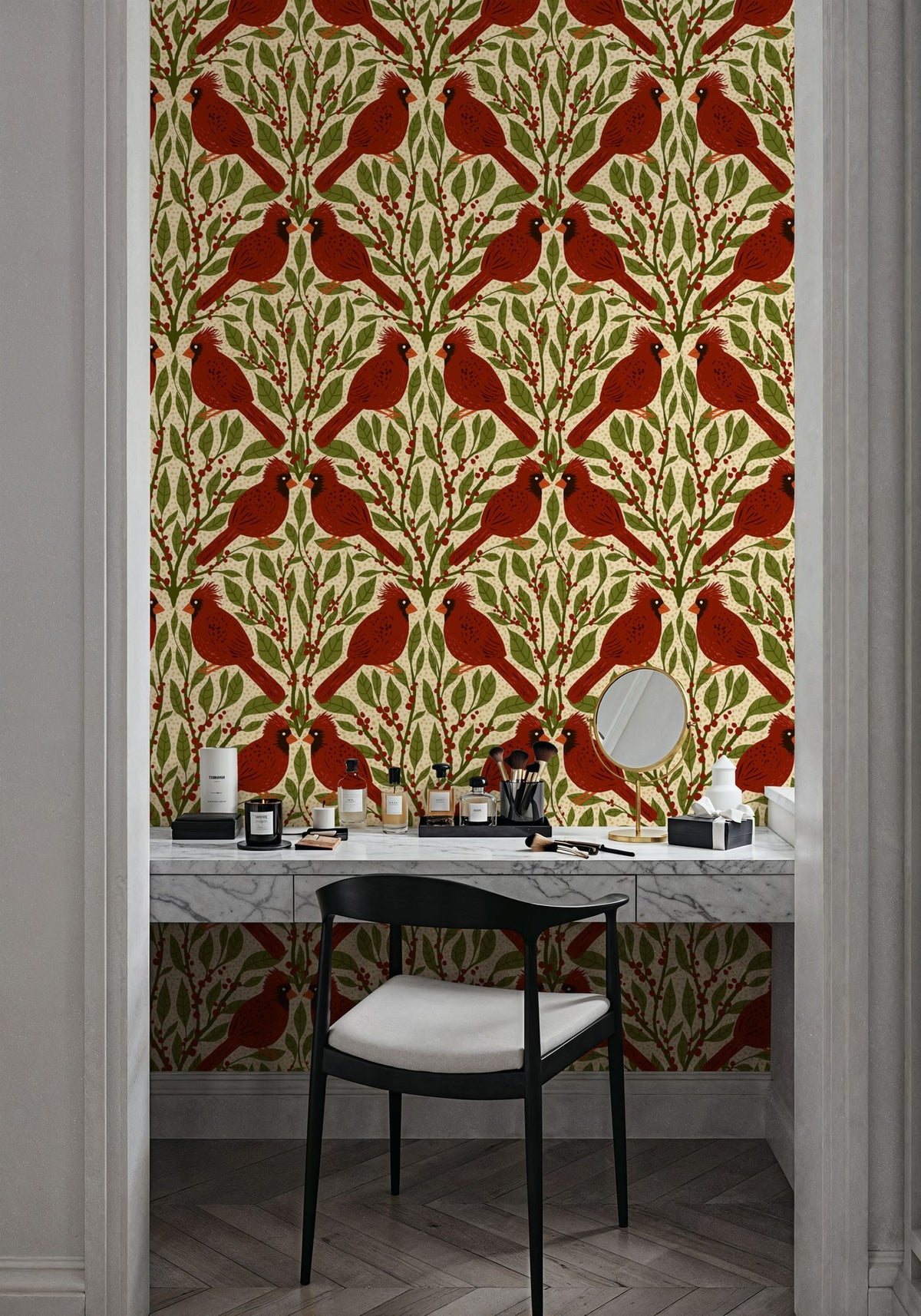 Cardinals & Winterberries, Vintage Mural Wallpaper - room preview 02