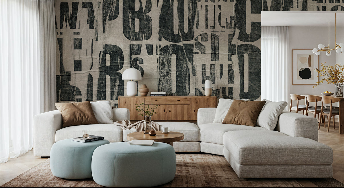 Letterpress Vintage Newspaper Collage, Black Mural Wallpaper - room preview 02