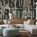 Letterpress Vintage Newspaper Collage, Black Mural Wallpaper - room preview 02
