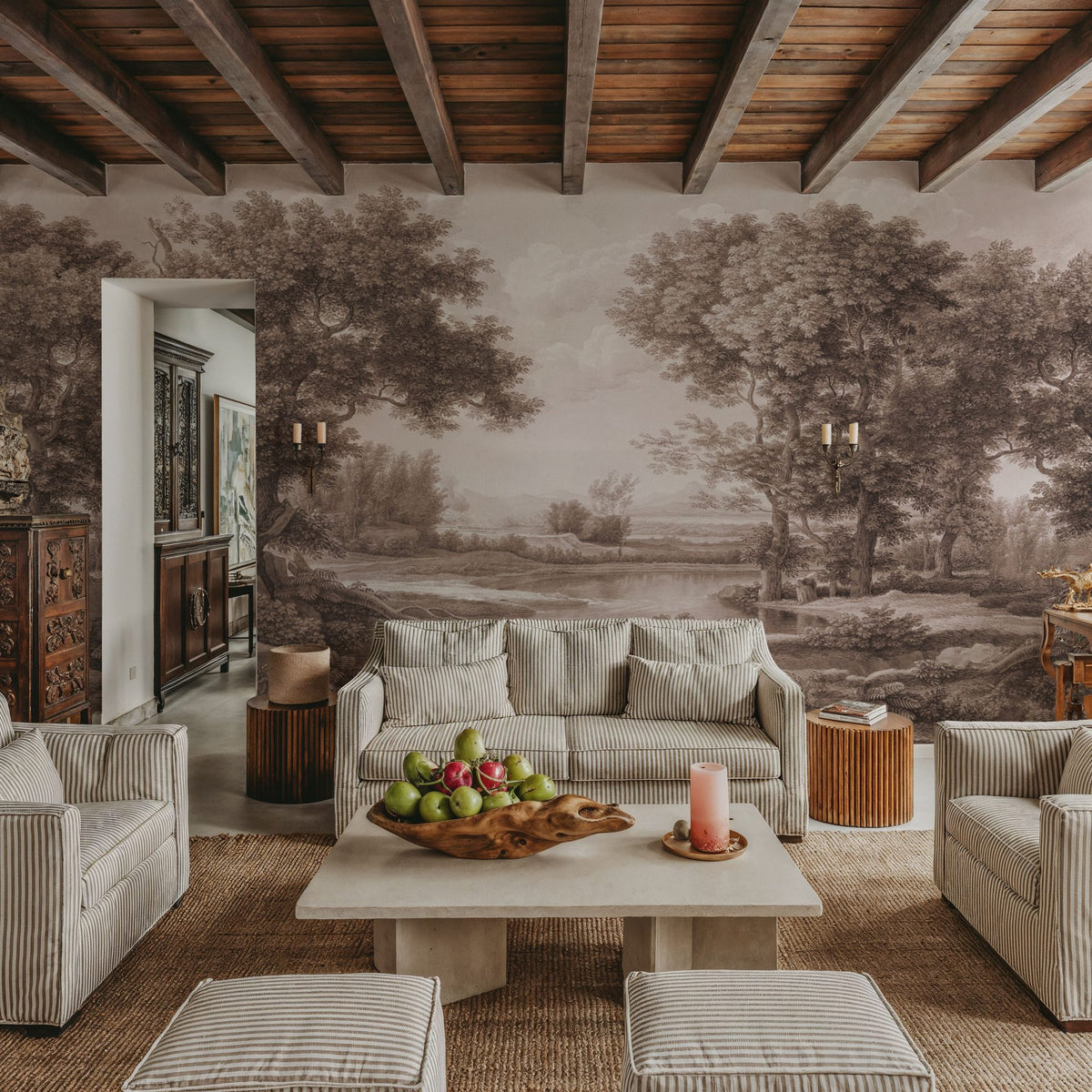 Riverbank Oak Landscape, Sepia Mural Wallpaper - room preview 02