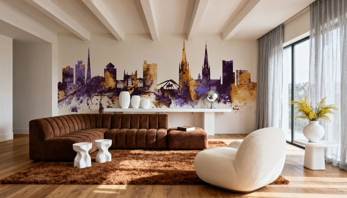 Coventry England Skyline Purple & Gold Mural Wallpaper - room preview 02