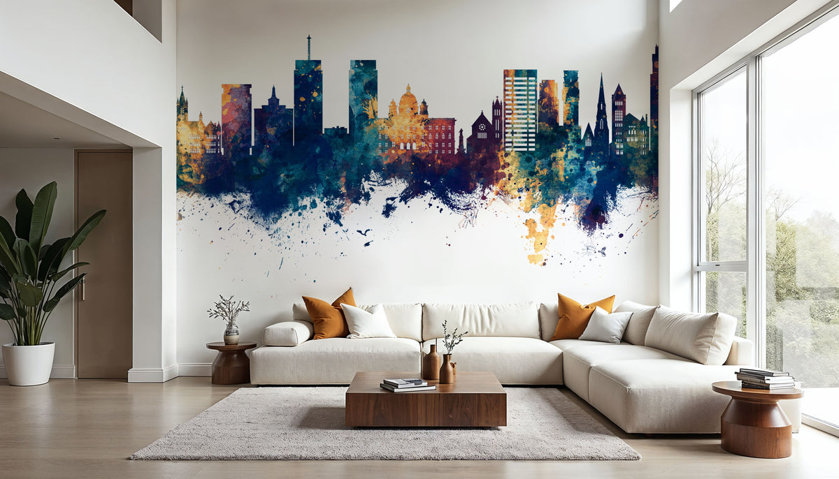 Syracuse New York Skyline Blue & Bronze Mural Wallpaper - room preview 02