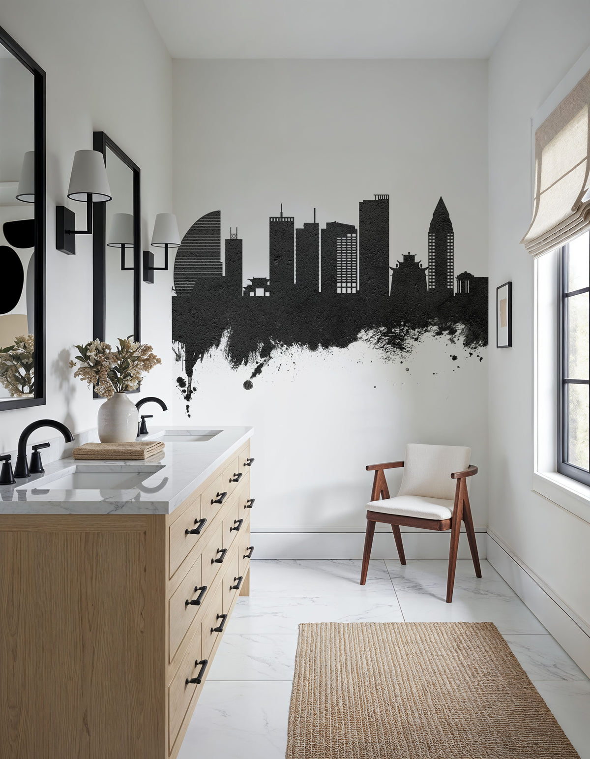 Ulaanbaatar Mongolia Skyline Black & White Mural Wallpaper - room preview 02
