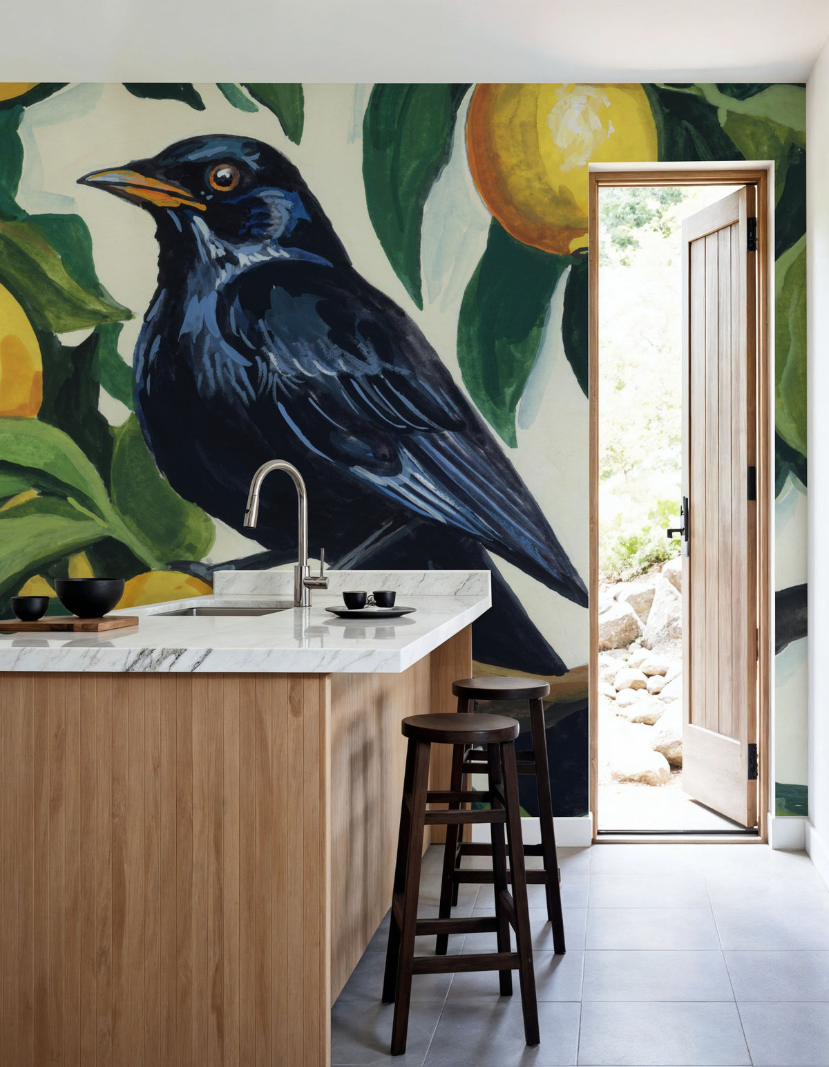 Bird with Lemon Branch Mural Wallpaper - room preview 02