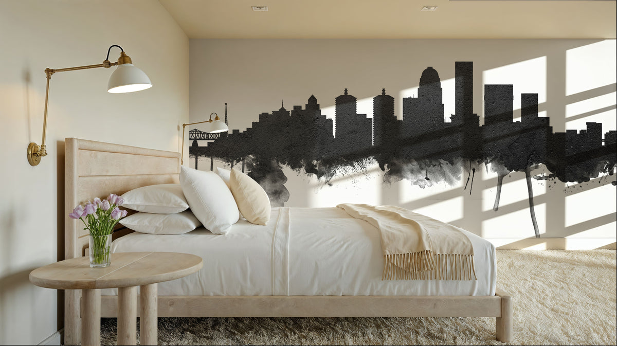 Louisville Kentucky Skyline Black & White Mural Wallpaper - room preview 02