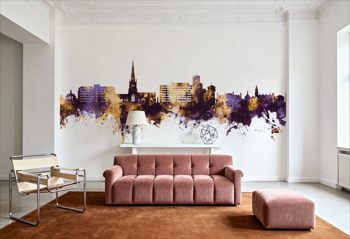 Solihull England Skyline Purple & Gold Mural Wallpaper - room preview 02